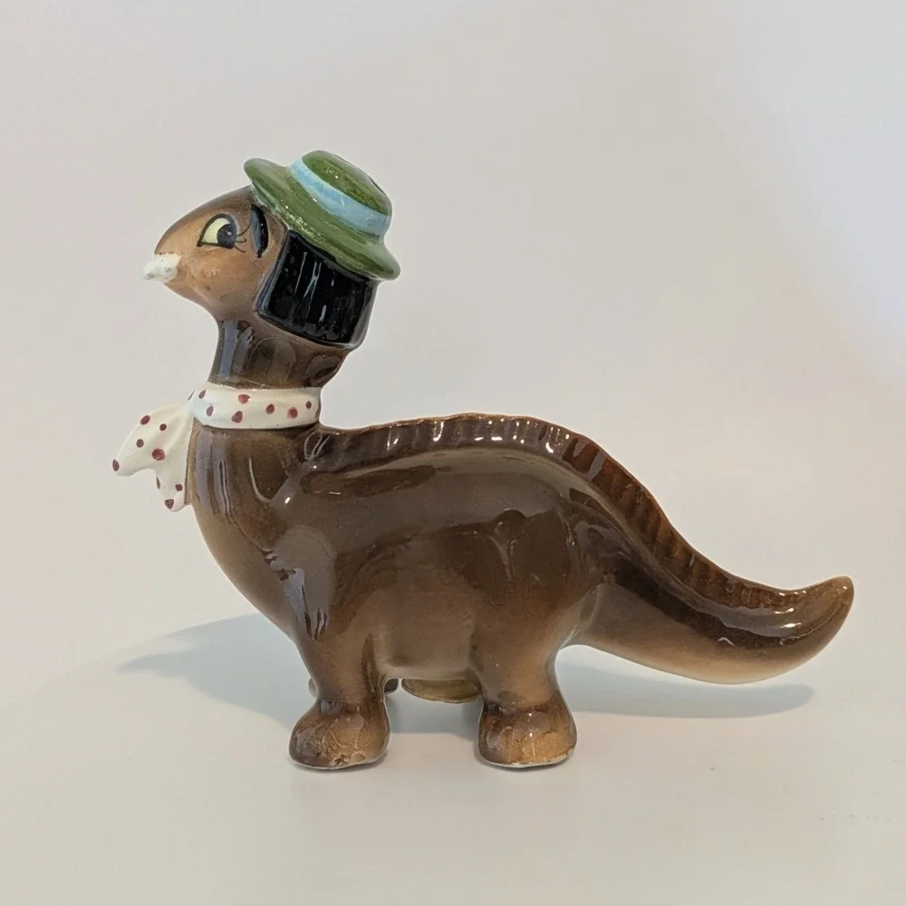 Vintage 1950s Norcrest Dinosaur Salt And pepper Shakers. Braids Teeth Boy Girl